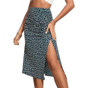 imageOYOANGLE Womens Boho Floral Print High Waisted A Line Split Thigh Summer Midi SkirtDark Blue