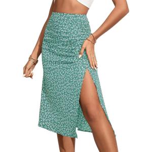 imageOYOANGLE Womens Boho Floral Print High Waisted A Line Split Thigh Summer Midi SkirtGreen