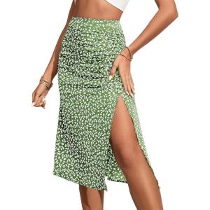 imageOYOANGLE Womens Boho Floral Print High Waisted A Line Split Thigh Summer Midi SkirtMint Green