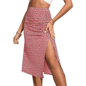 imageOYOANGLE Womens Boho Floral Print High Waisted A Line Split Thigh Summer Midi SkirtPink