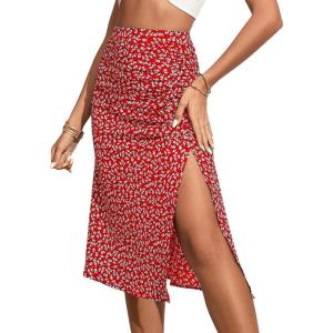 imageOYOANGLE Womens Boho Floral Print High Waisted A Line Split Thigh Summer Midi SkirtRed Floral