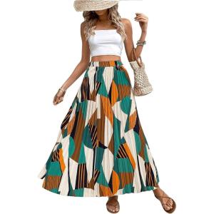 imageOYOANGLE Womens Boho Geo Print Elastic High Waist Flowy Pleated Maxi Skirt Vacation SkirtsGreen and Beige