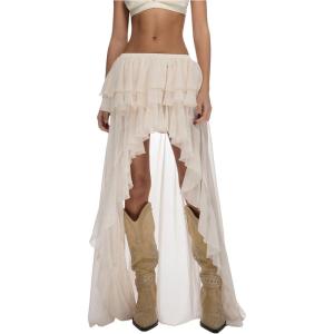 imageOYOANGLE Womens Boho Layered Ruffle Chiffon Maxi Skirt Y2K Elastic Cowgirl Western Asymmetrical SkirtsApricot