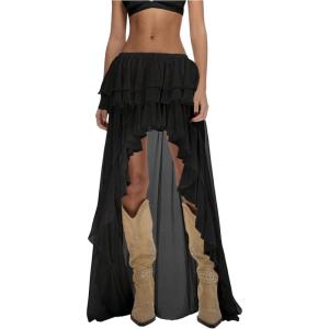 imageOYOANGLE Womens Boho Layered Ruffle Chiffon Maxi Skirt Y2K Elastic Cowgirl Western Asymmetrical SkirtsBlack