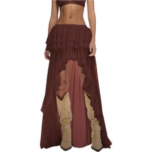 imageOYOANGLE Womens Boho Layered Ruffle Chiffon Maxi Skirt Y2K Elastic Cowgirl Western Asymmetrical SkirtsBrown