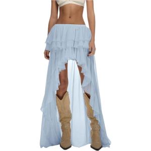 imageOYOANGLE Womens Boho Layered Ruffle Chiffon Maxi Skirt Y2K Elastic Cowgirl Western Asymmetrical SkirtsLight Blue