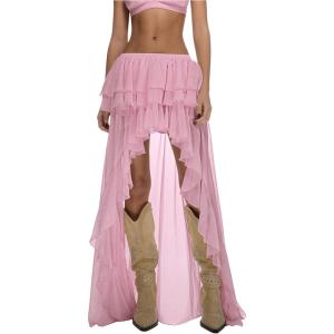 imageOYOANGLE Womens Boho Layered Ruffle Chiffon Maxi Skirt Y2K Elastic Cowgirl Western Asymmetrical SkirtsPink