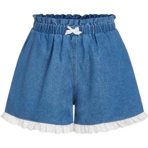 imageOYOANGLE Womens Color Block High Waisted Wide Leg Denim Shorts Loose Fit Lace Trim Jean ShortsLight Wash