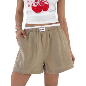 imageOYOANGLE Womens Color Block Straight Leg Summer Shorts Letter Patched Casual Lounge ShortsKhaki