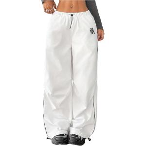 imageOYOANGLE Womens Contrast Binding Cargo Pants Drawstring Elastic Waist Baggy Parachute Pants StreetwearWhite