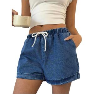imageOYOANGLE Womens Drawstring Elastic Waist Denim Shorts Straight Leg Casual Jean ShortsBlue
