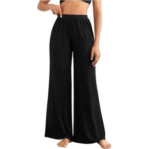 imageOYOANGLE Womens Elastic High Waist Wide Leg Pajama Pants Casual Comfy Lounge Sleep BottomsBlack