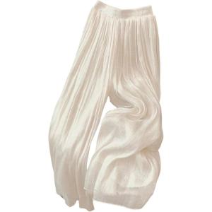 imageOYOANGLE Womens Elastic High Waist Wide Leg Pleated Flowy Pants Casual Loose Fit Summer Chiffon TrousersApricot