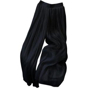 imageOYOANGLE Womens Elastic High Waist Wide Leg Pleated Flowy Pants Casual Loose Fit Summer Chiffon TrousersBlack