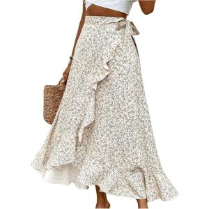 imageOYOANGLE Womens Floral Print Ruffle Skirts High Waisted Tie Side Wrap Flowy Long SkirtApricot Multi