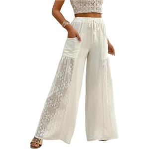 imageOYOANGLE Womens High Waisted Drawstring Palazzo Pants Contrast Lace Sheer Wide Leg Trousers with PocketWhite