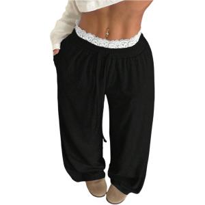 imageOYOANGLE Womens Lace Trim Wide Leg Sweatpants Drawstring Elastic Waist Loose Baggy Joggers with PocketsBlack