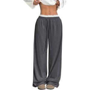 imageOYOANGLE Womens Lace Trim Wide Leg Sweatpants Drawstring Elastic Waist Loose Baggy Joggers with PocketsDark Grey