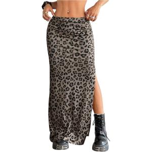 imageOYOANGLE Womens Leopard Print Maxi Skirt High Slit Elastic Waist Y2K Cheetah Pencil SkirtsDeep Brown