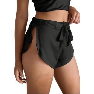 imageOYOANGLE Womens Satin Pajama Shorts Side Slit Elastic Waist Tie Front Sleep Shorts NightwearBlack