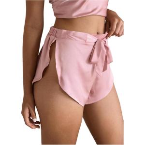 imageOYOANGLE Womens Satin Pajama Shorts Side Slit Elastic Waist Tie Front Sleep Shorts NightwearPink