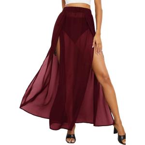 imageOYOANGLE Womens Sheer Mesh Hight Waist Split Beach Cover Up Long SkirtBurgundy