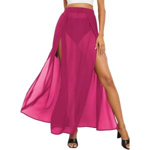 imageOYOANGLE Womens Sheer Mesh Hight Waist Split Beach Cover Up Long SkirtHot Pink