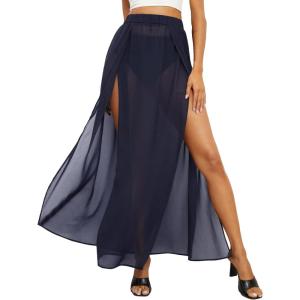 imageOYOANGLE Womens Sheer Mesh Hight Waist Split Beach Cover Up Long SkirtNavy Blue