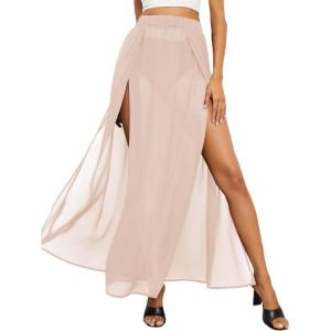 imageOYOANGLE Womens Sheer Mesh Hight Waist Split Beach Cover Up Long SkirtPink Solid