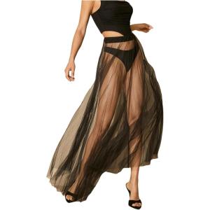 imageOYOANGLE Womens Sheer Mesh Maxi Flowy Skirt High Waist Vacation Concert Bridal A Line Long SkirtsBlack