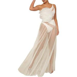 imageOYOANGLE Womens Sheer Mesh Maxi Flowy Skirt High Waist Vacation Concert Bridal A Line Long SkirtsWhite