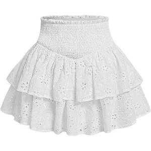 imageOYOANGLE Womens Smocked Eyelet Embroidery Layered Skirt Ruffle Hem A Line Mini SkirtsWhite