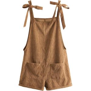 imageOYOANGLE Womens Strap Tie Knot Shoulder Pocket Front Romper Corduroy Overall Shorts JumpsuitBrown