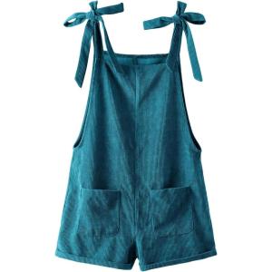 imageOYOANGLE Womens Strap Tie Knot Shoulder Pocket Front Romper Corduroy Overall Shorts JumpsuitTeal Blue