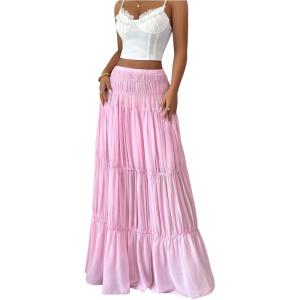 imageOYOANGLE Womens Tiered Maxi Skirt Elastic Waist Swing Flowy Ruffle A Line Beach Boho SkirtsPink