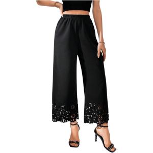 imageOYOANGLE Womens Wide Leg Pants Cut Out Scallop Trim High Elastic Waisted Pants Casual Office Long PantsBlack