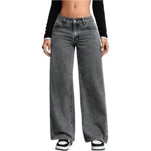 imageOYOANGLE Womens Zipper Fly Wide Leg Jeans Y2k Baggy Casual Denim Pants with PocketsGrey