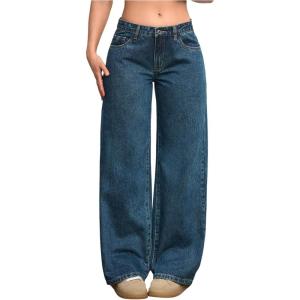 imageOYOANGLE Womens Zipper Fly Wide Leg Jeans Y2k Baggy Casual Denim Pants with PocketsMedium Wash