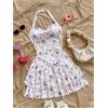 imageOYOANGLE Womens Boho Floral Print Sleeveless Halter Dress Layered Ruffle Hem Summer SundressWhite