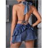 imageOYOANGLE Womens Deep V Neck Open Back Mini Denim Dress Sleeveless Ruffle Hem Halter Jean DressesBlue