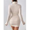 imageOYOANGLE Womens High Neck Long Sleeve Ribbed Knit Bodycon Dress Ruched Plain Short DressesApricot