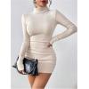 imageOYOANGLE Womens High Neck Long Sleeve Ribbed Knit Bodycon Dress Ruched Plain Short DressesApricot