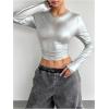 imageOYOANGLE Womens Metallic Long Sleeve T Shirt Crew Neck Fitted Tee Tops Y2K Going Out TopsSilver