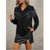 imageOYOANGLE Womens Rhinestone Fringe Trim Collared Shirt Button Down Long Sleeve BlouseBlack