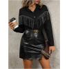 imageOYOANGLE Womens Rhinestone Fringe Trim Collared Shirt Button Down Long Sleeve BlouseBlack