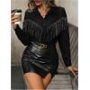 imageOYOANGLE Womens Rhinestone Fringe Trim Collared Shirt Button Down Long Sleeve BlouseBlack