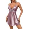 imageOYOANGLE Womens Satin Lingerie V Neck Lace Trim Split Chemise Nightgown Full Slips SleepwearDusty Pink
