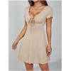 imageOYOANGLE Womens Short Sleeve Drawstring Front Ruched Short Dress V Neck A Line Tshirt DressesApricot