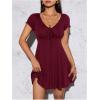 imageOYOANGLE Womens Short Sleeve Drawstring Front Ruched Short Dress V Neck A Line Tshirt DressesBurgundy