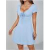 imageOYOANGLE Womens Short Sleeve Drawstring Front Ruched Short Dress V Neck A Line Tshirt DressesLight Blue